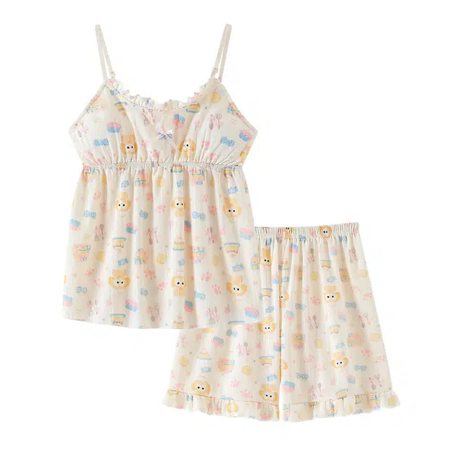 乐姿韵 带胸垫甜美卡通可爱吊带舒适家居服睡衣套装 女款 杏色