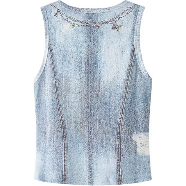 三福 项链印花渐变圆领无袖背心 女款