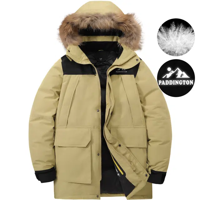 帕丁顿熊 雪山反光印花撞色拼接毛领派克休闲防风防寒加厚中长款羽绒服 男女同款