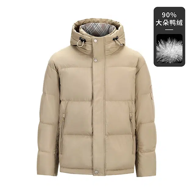 鸭鸭 撞色格子领保暖中长款连帽羽绒服外套 男款