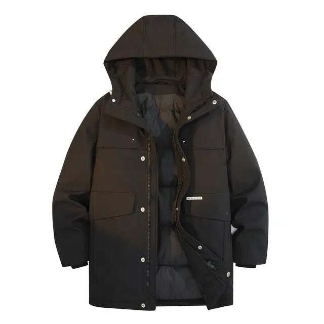 鸭鸭 简约舒适保暖连帽中长款工装口袋羽绒服 男款