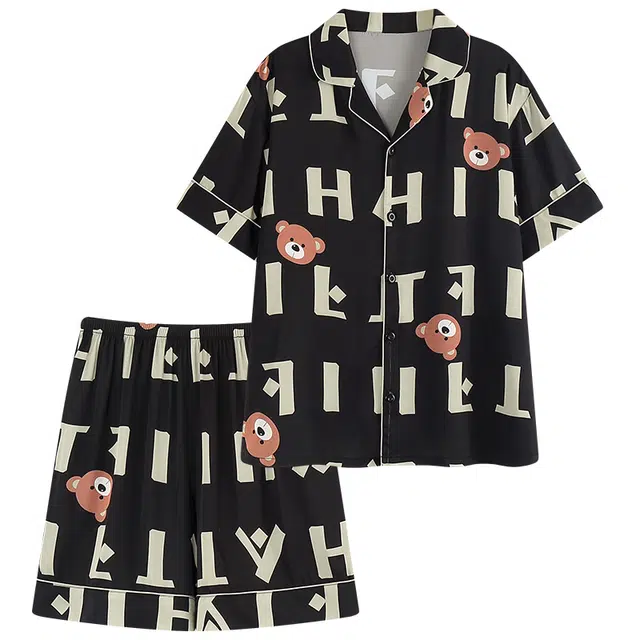 乐姿韵 柔软可爱卡通翻领舒适短袖家居服休闲睡衣套装 女款 黑色