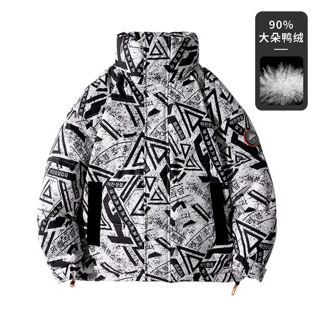 鸭鸭 几何图案印花满印立领滴塑标设计休闲宽松工装运动加厚保暖羽绒服 男款 花米色