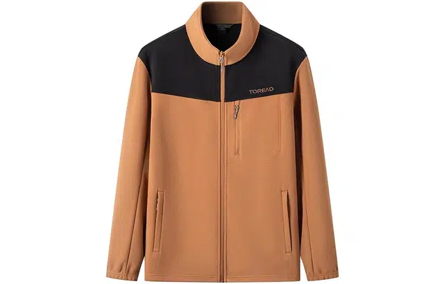 探路者 户外休闲防风保暖立领绒感外套 男款 赤茶色黑色