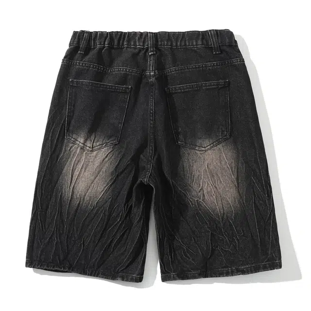 哲源 美式高街水洗做旧重工五分裤潮牌复古高街直筒裤子潮牌宽松垂感高街牛仔短裤 男女同款
