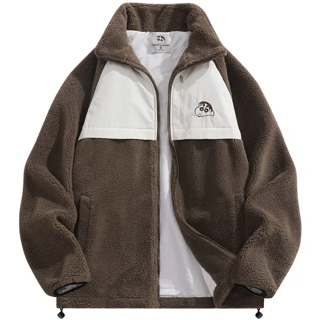 蜡笔小新 撞色拼接卡通小新字母印花保暖立领休闲羊羔绒绒感外套 男女同款