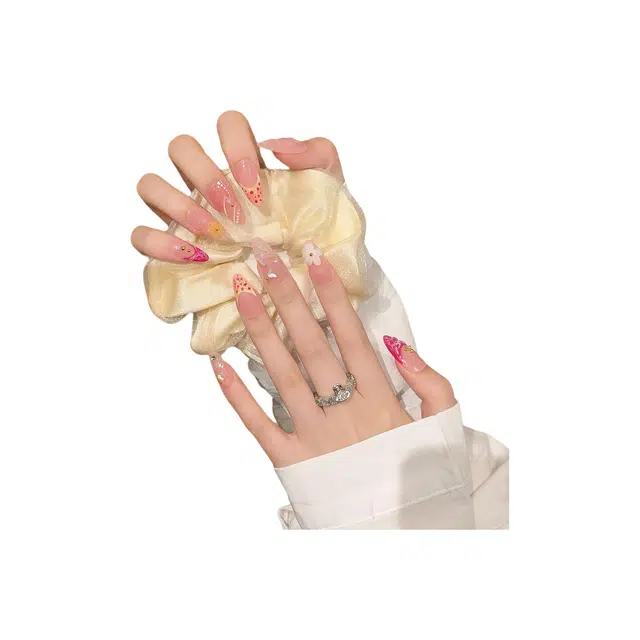 韵月乔 欧美  穿戴甲 杏仁短梯桃红渐变 可爱 纯手工彩绘显白气质