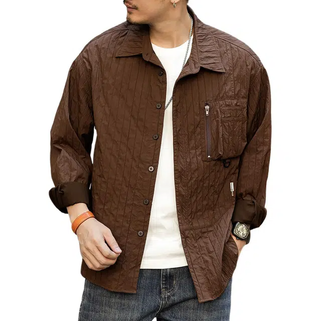 格蓝鹿 潮牌褶皱痞帅做旧外套高端肌理层次感叠穿高级感长袖衬衫 男女同款 咖色