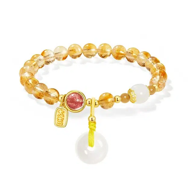 银千惠 幸福美满 串珠平安扣手链弹力绳可调节 转运珠福牌招财转运好事莲莲事业爱情双丰收纳福平安 小众轻奢高级女友 金发晶 手串 女款