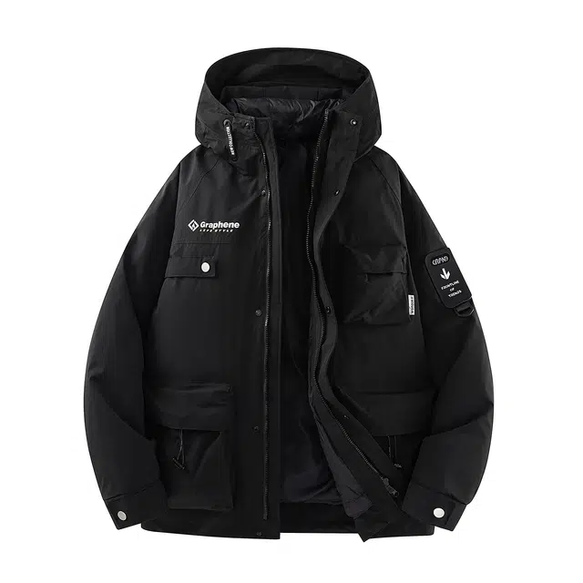 鸭鸭 山系字母印花立体多口袋设计连帽保暖羽绒服 男女同款