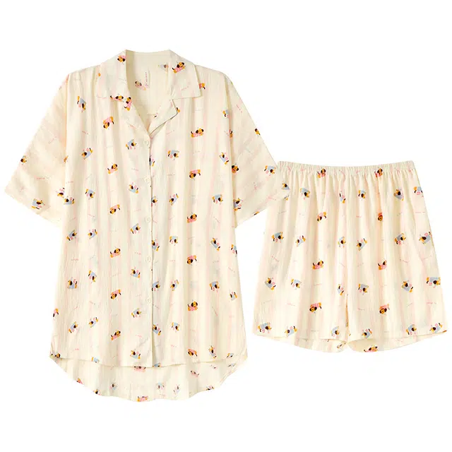 宫蝶 柔软休闲卡通满印短袖家居服可外穿开衫睡衣套装 女款 杏色