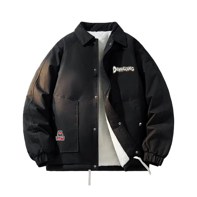 敦煌博物馆 美式复古简约纯色宽松休闲防风防寒字母刺绣翻领加绒加厚保暖夹克外套 男女同款