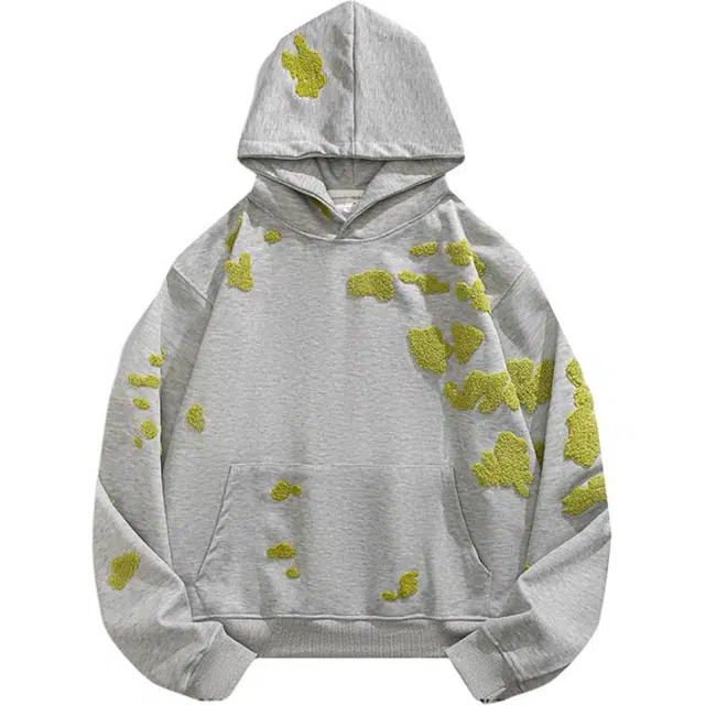 玉儿恋 加绒厚款苔藓设计连帽落肩宽松套头长袖卫衣 男女同款 灰色