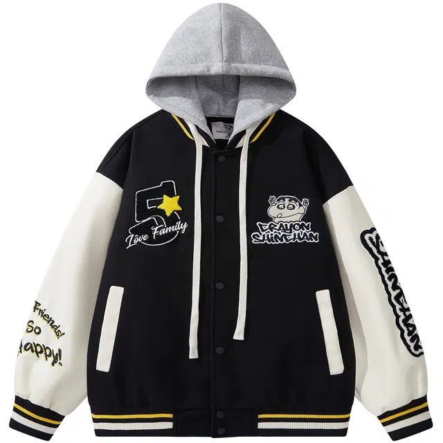 蜡笔小新 趣味欢呼小新卡通字母印花拼接撞色休闲宽松连帽夹克外套 男女同款