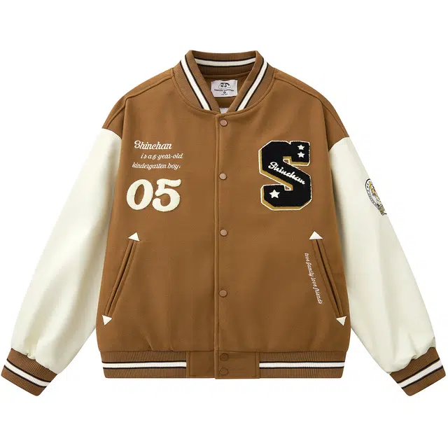 蜡笔小新 拼接撞色卡通小新徽标字母毛巾绣休闲宽松棒球领夹克外套 男女同款