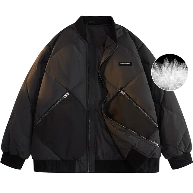 帕丁顿熊 菱形格飞行员夹克基础纯色休闲棒球领保暖防寒加厚羽绒服 男女同款