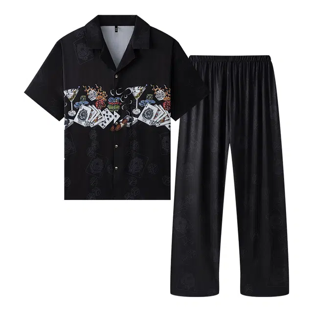 好福份 休闲可外穿时尚薄款冰丝短袖长裤家居服睡衣套装 男款 图片色