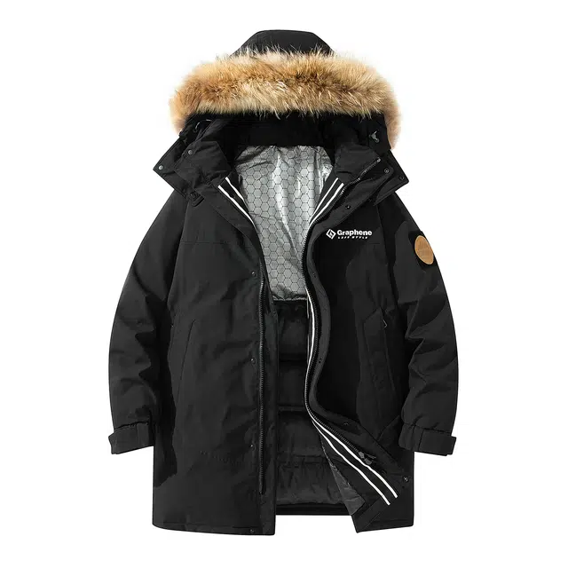 鸭鸭 绿色军大衣外套升级石墨烯内里可脱卸貉子毛领连帽无性别暗黑羽绒服 男女同款 黑色