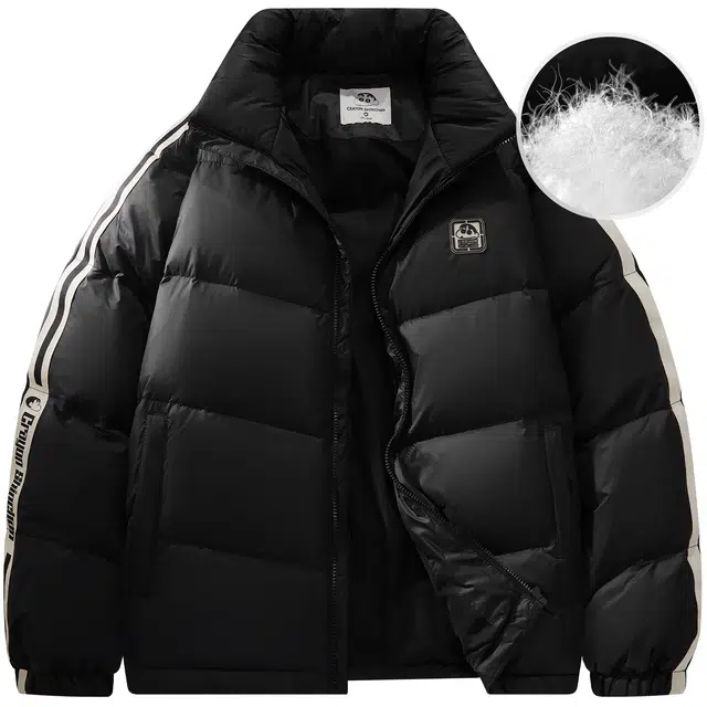 蜡笔小新 撞色条纹卡通小新小标立领保暖加厚休闲面包羽绒服外套 男女同款 黑色