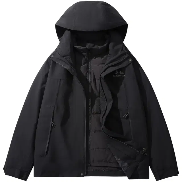 帕丁顿熊 简约反光印花撞色拼接连帽防风防水休闲户外宽松可拆卸内胆三合一羽绒服 男女同款