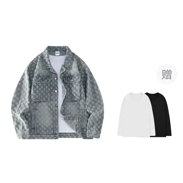 寻星记 美式复古提花宽松春秋季夹克 高级感痞帅休闲大口袋百搭牛仔外套 男女同款
