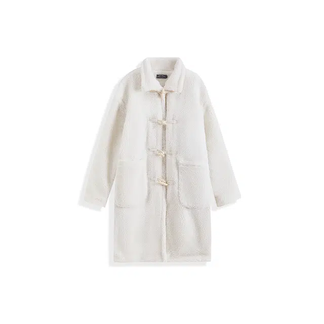 我是大卫 毛呢纯色中长款牛角扣韩版休闲外绒感外套 男女同款