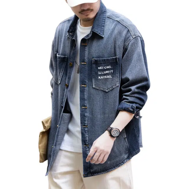 格蓝鹿 春季 松弛感潮牌渐变休闲工装做旧水洗男高端复古版型天花板牛仔长袖衬衫 宽松型 男女同款