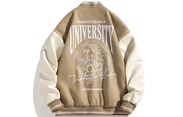 Paddington Bear PU Patchwork Wool Letter Print Baseball Jacket