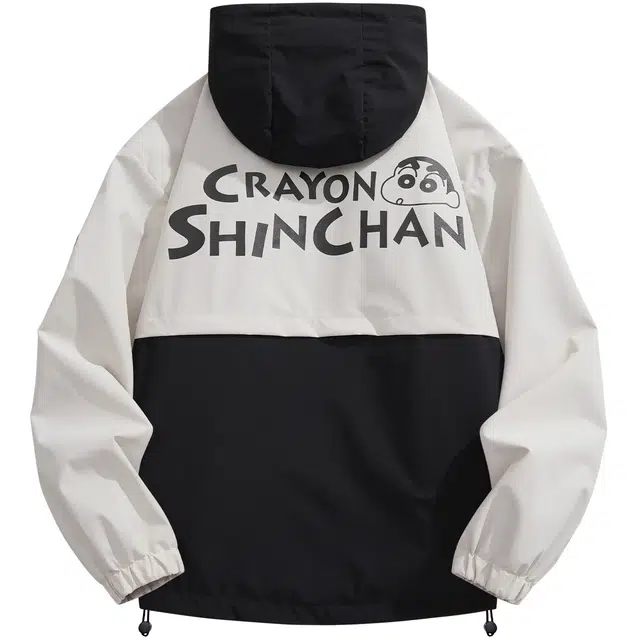 蜡笔小新 山系户外撞色拼接休闲卡通小新字母印花宽松防风连帽夹克外套 男女同款