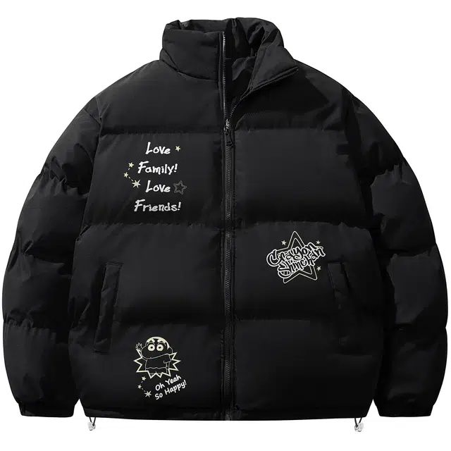 蜡笔小新 趣味卡通字母印花保暖纯色加厚立领面包棉服外套 男女同款