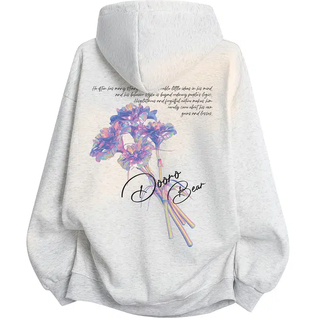 萌芽熊 美式复古重磅高街手绘渲染水晶花卉图案品牌字母印花简约休闲个性时尚百搭学生潮流运动长袖宽松条纹格子连帽卫衣 男女同款