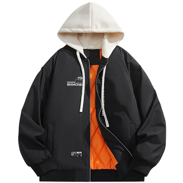 蜡笔小新 卡通字母印花加厚休闲宽松连帽棉服外套 男女同款