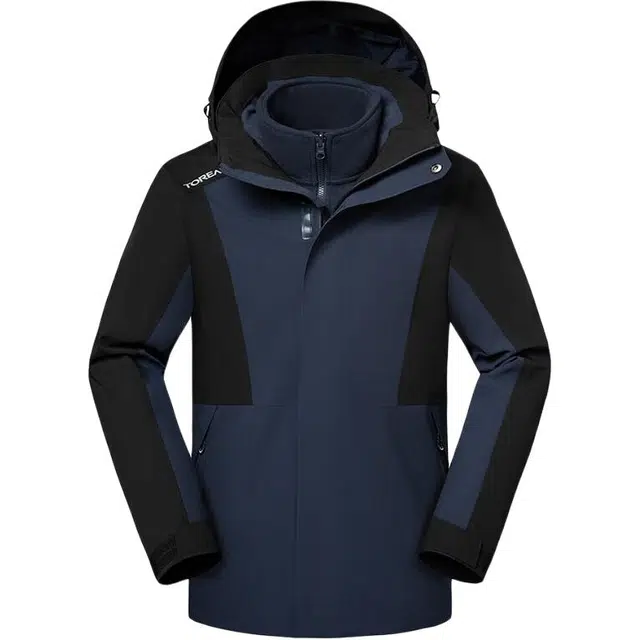 探路者  休闲舒适三合一  防水防风防静电保暖冲锋衣 男款 蓝岩黑\黑色