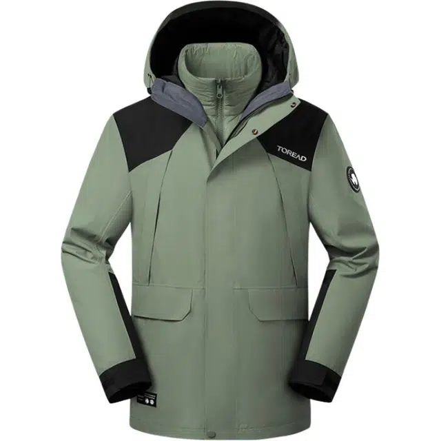 探路者  舒适休闲简约连帽拉链厚款  耐磨防泼水吸湿排汗保暖透气冲锋衣 男款 军绿\黑色