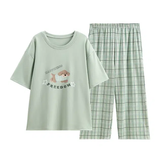 芬腾 休闲短袖七分裤薄款圆领套头可爱家居服睡衣套装 女款 灰绿