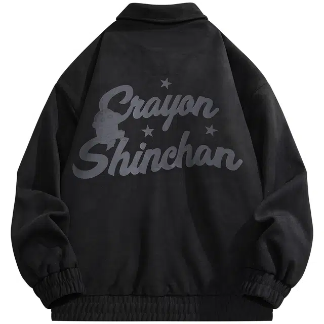 蜡笔小新 麂皮卡通小新字母印花休闲翻领飞行员夹克外套 男女同款