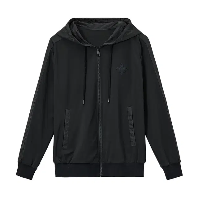 安正 唐草花纯色连帽拉链宽松夹克 男款 素黑