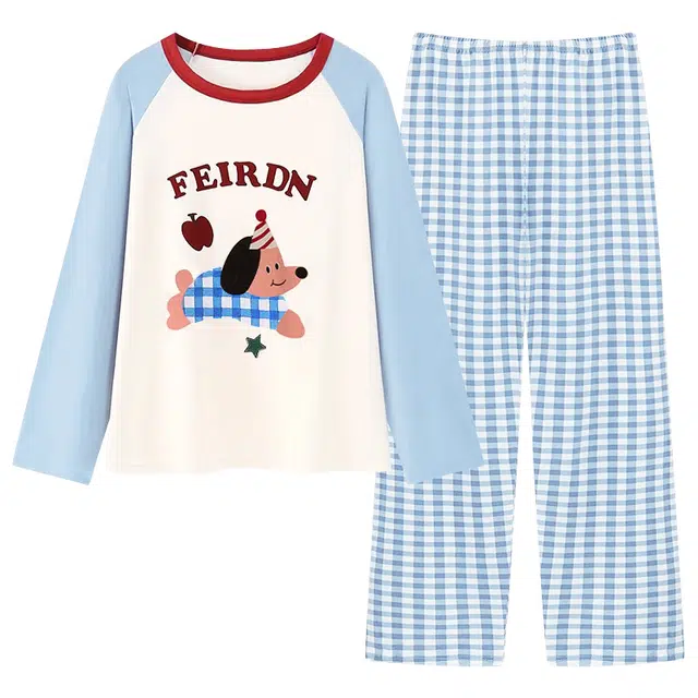 俏韵 休闲时尚长袖家居服卡通可外穿睡衣套装 女款 蓝色