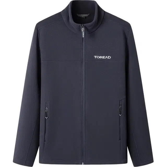 探路者 保暖立领拉链字母长袖绒感外套 男款 蓝岩黑