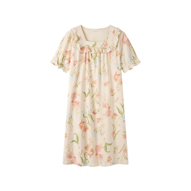 顶瓜瓜 舒适透气花卉木耳边短袖睡裙 女款