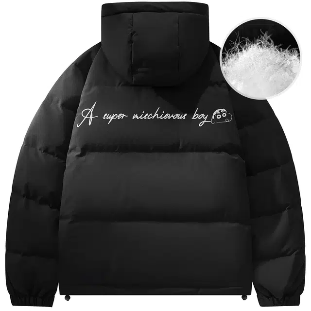 蜡笔小新 卡通字母印花下摆可调节保暖加厚休闲连帽面包羽绒服外套 男女同款