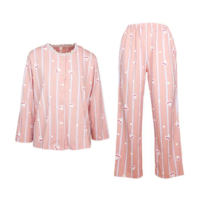 芬腾 韩版卡通长袖长裤可外穿休闲甜美舒适透气家居服睡衣套装 女款 虾红