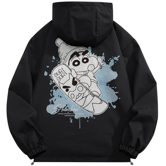蜡笔小新 户外卡通滑雪字母印花休闲宽松厚款连帽棉服外套 男女同款
