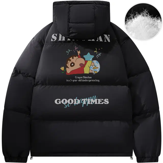 蜡笔小新 趣味卡通字母印花休闲宽松加厚保暖连帽面包羽绒服外套 男女同款