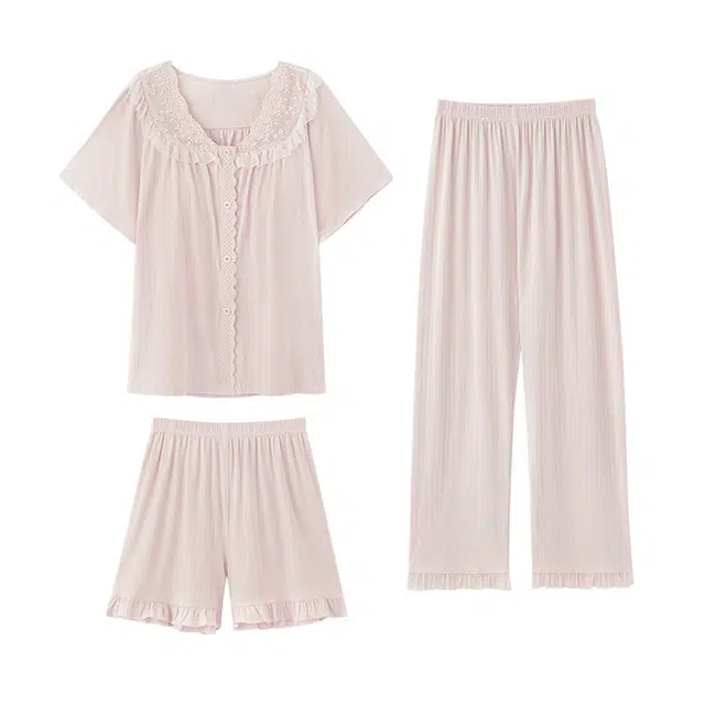 潞优野 带胸垫甜美短袖上衣舒适透气短裤家居服长裤睡衣套装 女款 粉色