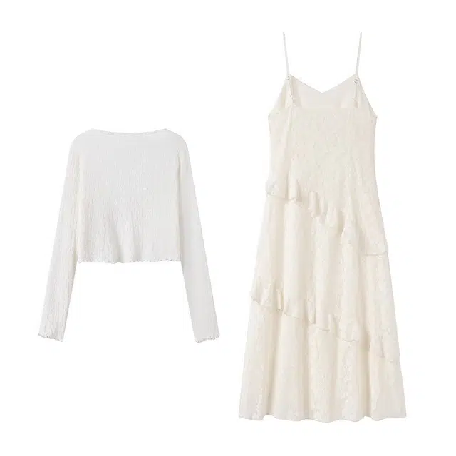 古莲菲 时尚舒适长袖上衣气质百搭裙子裙装套装 女款 白色+杏色