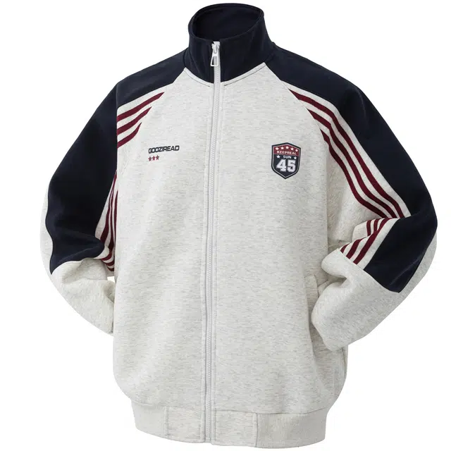 港仔文艺男 撞色插肩袖条纹徽章宽松字母立领开衫复古休闲学院风长袖夹克外套 男女同款