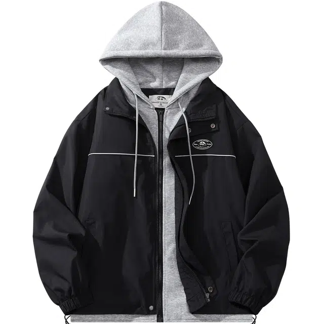 蜡笔小新 假两件卡通徽标字母印花休闲宽松连帽夹克外套 男女同款 黑色