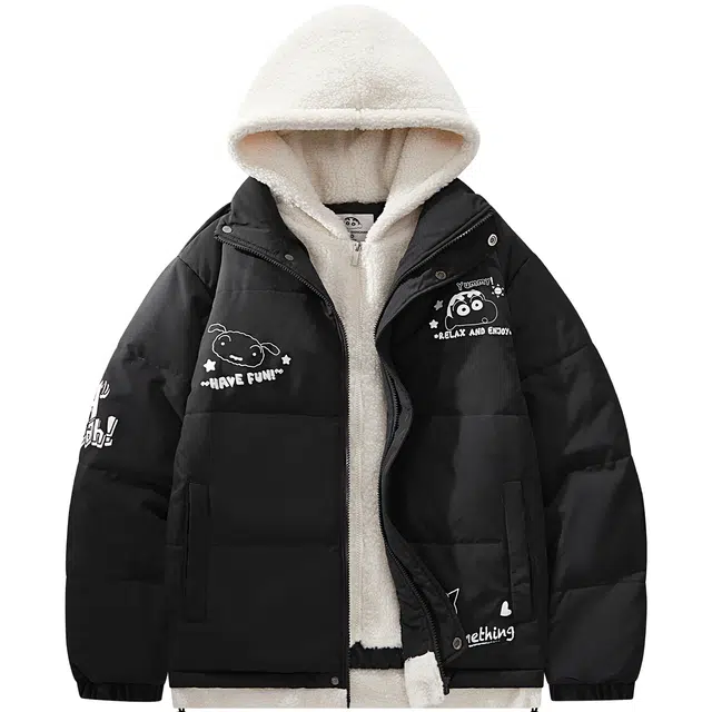 蜡笔小新 假两件连帽卡通字母印花休闲保暖棉服外套 男女同款