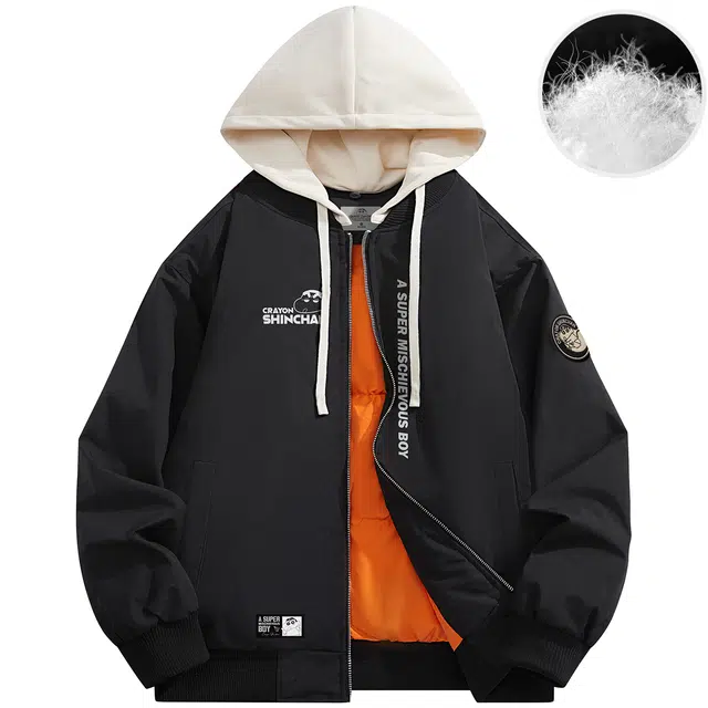 蜡笔小新 卡通人物袖徽字母印花休闲保暖加厚棒球羽绒服外套 男女同款